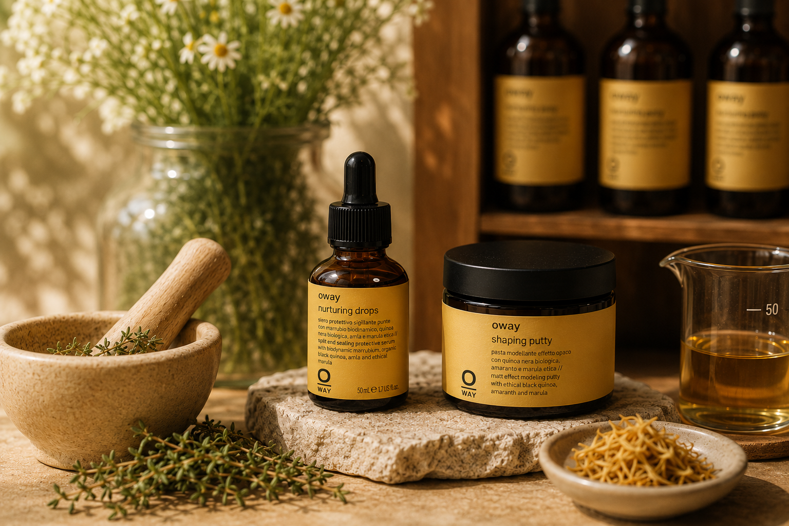 Oway Nurturing Drops en Shaping Putty in een natuurlijke setting met kruiden en warme botanische sfeer
