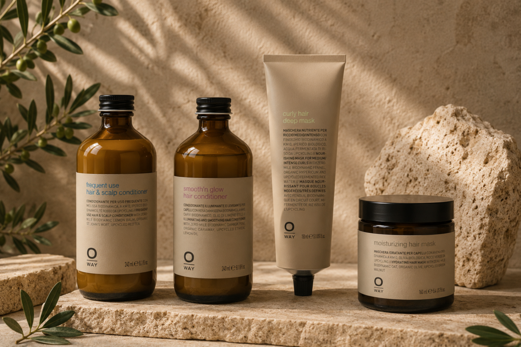 Oway conditioners en haarmaskers met Frequent Use Conditioner, Smooth’n Glow Conditioner, Curly Deep Mask en Moisturizing Hair Mask.