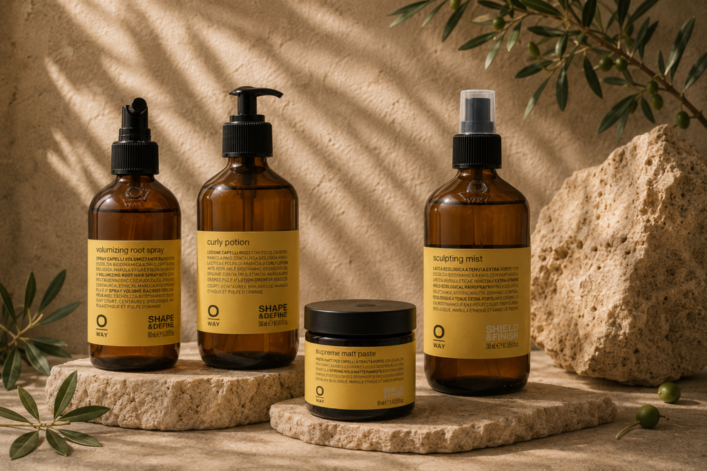 Oway stylingproducten met Volumizing Root Spray, Curly Potion, Supreme Matt Paste en Sculpting Mist.