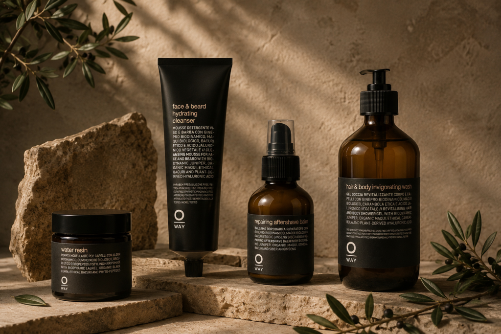 Oway Men verzorgingsproducten met Hair & Body Invigorating Wash, Face & Beard Hydrating Cleanser, Repairing Aftershave Balm en Water Resin.