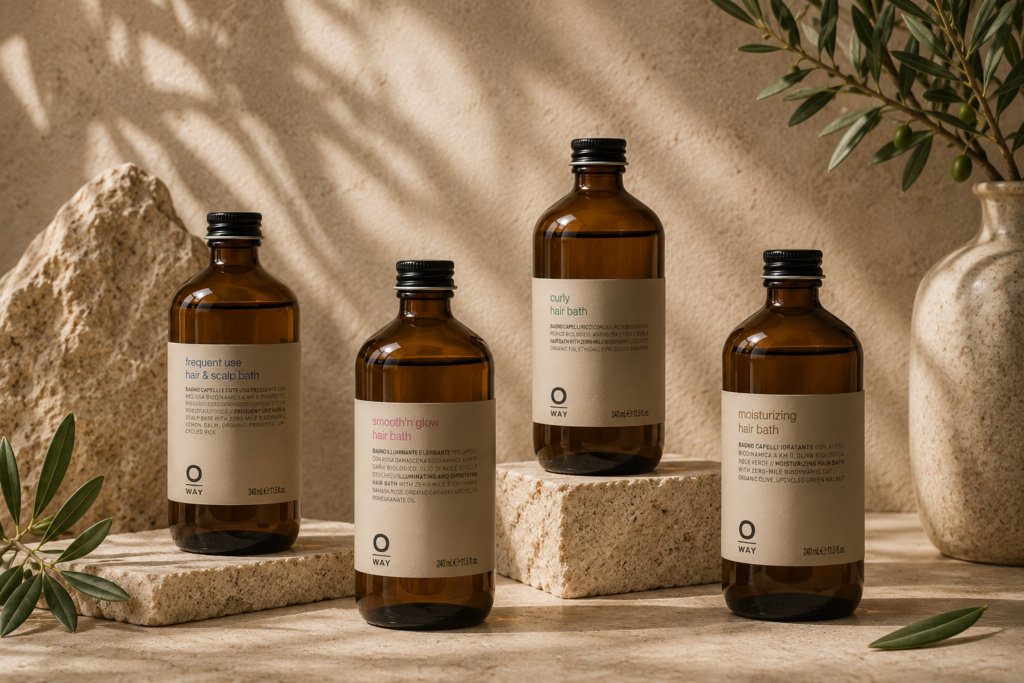 Oway shampoo collectie met Frequent Use, Smooth’n Glow, Curly Hair Bath en Moisturizing Hair Bath op een natuurlijke stenen ondergrond.